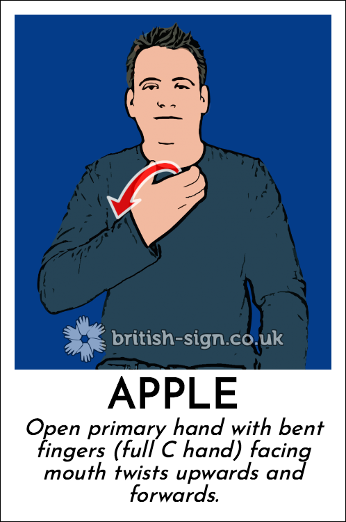 Apple: Open primary hand with bent fingers (full C hand) facing mouth twists upwards and forwards.
